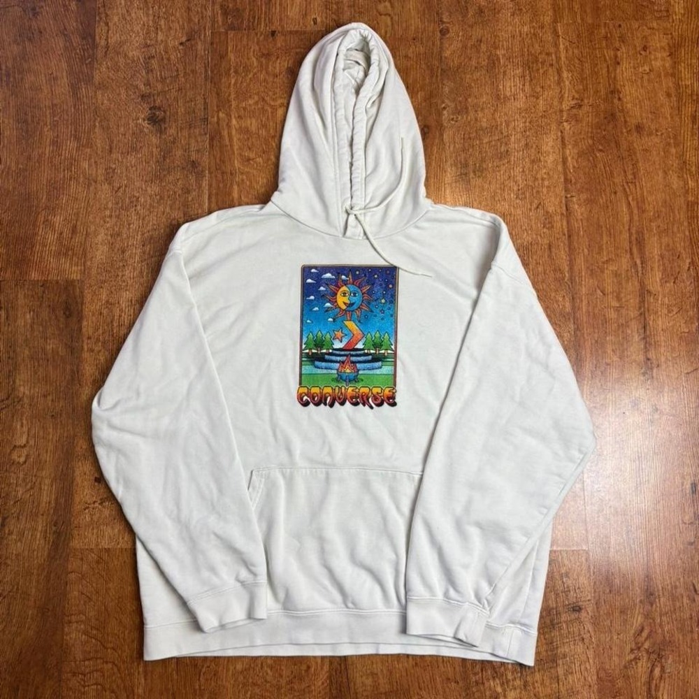Skater Chic Converse faded white hoodie with sun bonfire design